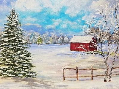 Snowy Winter Landscape with Red Barn Acrylic Painting Tutorial for Beginners LIVE #LoveWinterArt