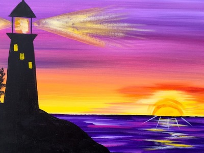 Sunrise Lighthouse Step by Step Acrylic Painting on Canvas for Beginners