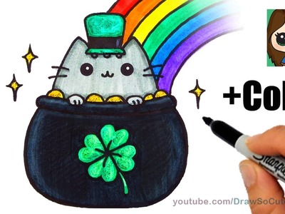 How to Draw Saint Patrick's Day Pusheen Cat Easy with Coloring