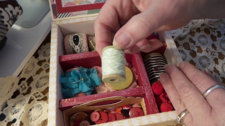Vintage Sewing Kit: HOMEMADE KIT BOX WITH VINTAGE SPOOLS, TRIMS & FABRICS