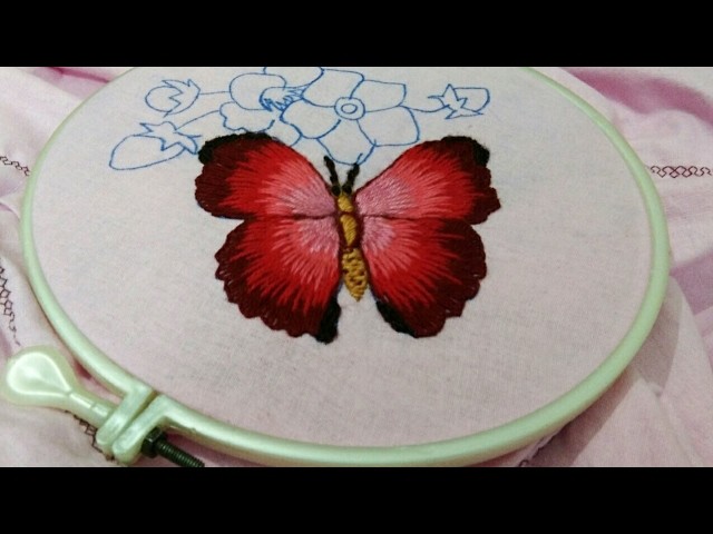 Hand embroidery beautiful butterfly with long and short stitch