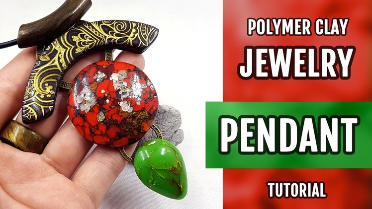 DIY Polymer Clay Pendant with Faux Red Brecciated Jasper and Jade. Stylish Pendant. VIDEO Tutorial!
