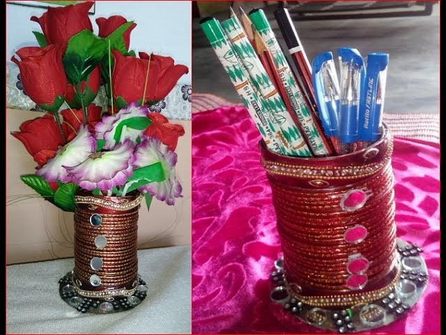 Pen pencil stand cum flower pot with useless old bangles DIY