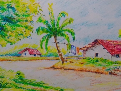 How to draw a beautiful village scenery for kids.Easy drawing tutorial