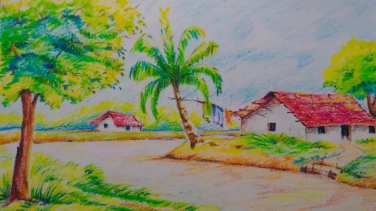 How to draw a beautiful village scenery for kids.Easy drawing tutorial