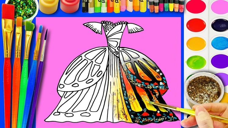 How to Draw Pretty Dress for Barbie Coloring Page for Kids to Learn to Color with Watercolor Paint
