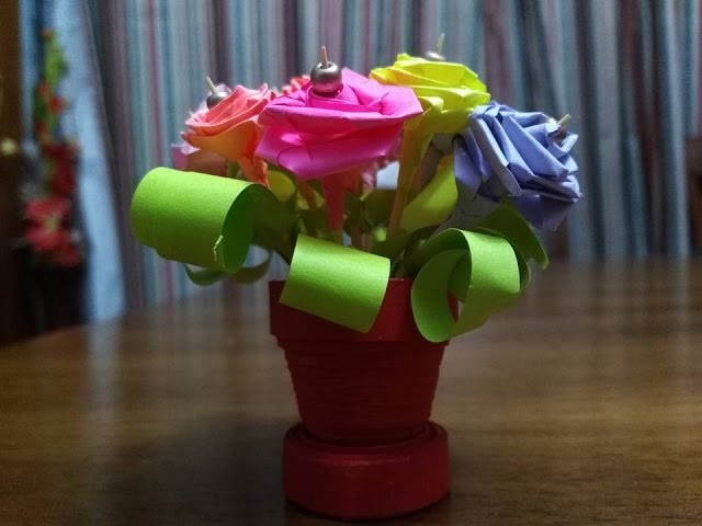 How to Make Paper Quilling Flower pot & Colored Paper Flowers + Tutorial !