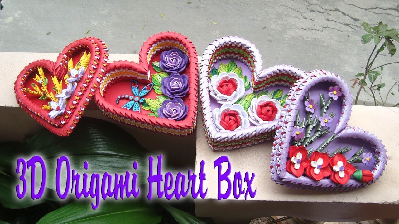 3D ORIGAMI HEART BOX, PAPER HEART BOX WITH FLOWER