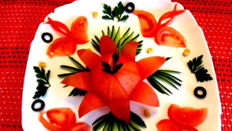 4 LIFE HACKS HOW TO MAKE TOMATO GARNISH DESIGN FLOWER & HOW TO CUT CUCUMBER - VEGETABLE CARVING