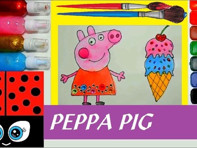 How to Draw and Color Peppa and Giant Ice Cream Using Watercolor and Glitter Glue ????????????????