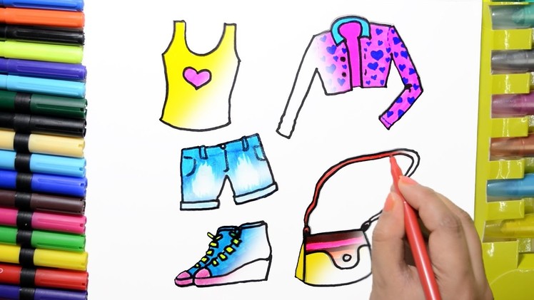 How to Draw Color Paint Pretty Dresses, Shoes, Handbag for Girls Coloring Page and Learn to Colors