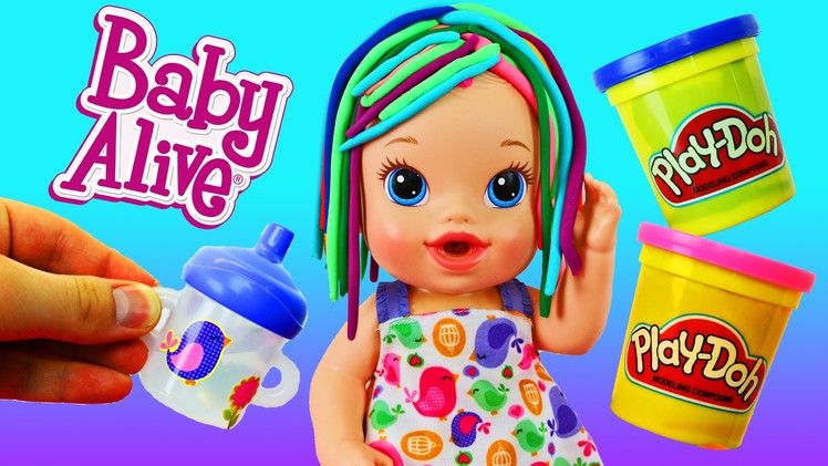 Baby Alive Sips 'n Cuddles Newborn Baby Doll Gets Play Doh Hair & Sticker Bottle DisneyCarToys