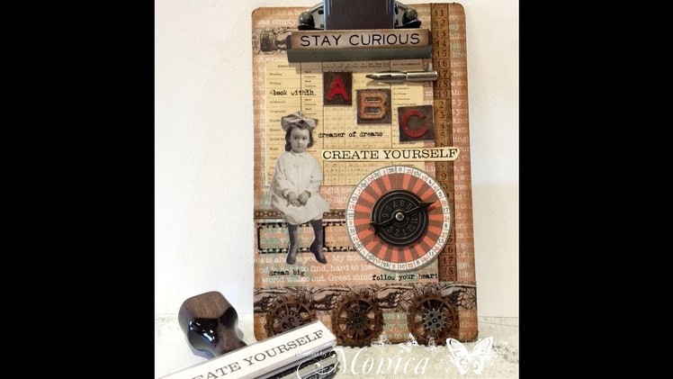 Tim Holtz Altered Clip Board using new Paper Dolls and personalized stamp from Simply Stamps