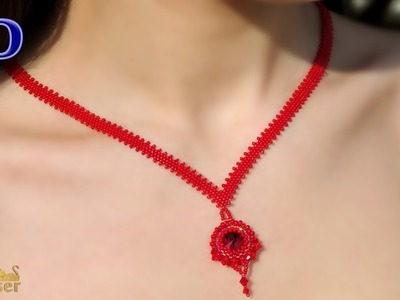 Red Beaded Pendant with Peyote Chain. 3D Beading Tutorial