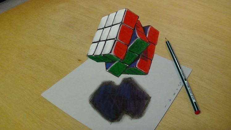 3D Drawing Floating Rubik's Cube - How to Draw 3D Rubik's Cube - Trick Art on Paper