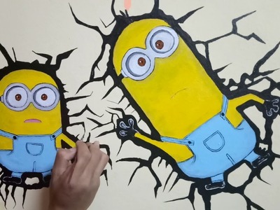 Minions-Bob & Kevin (Hand Drawing) WALL PAINTing 3D cracking Timelapse.