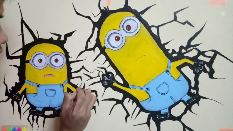 Minions-Bob & Kevin (Hand Drawing) WALL PAINTing 3D cracking Timelapse.