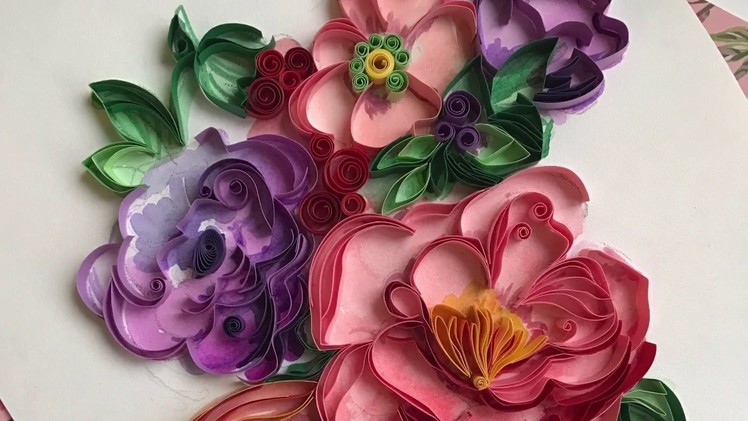 QllArt. Quilling filigree pattern. Watercolor and quilling flowers