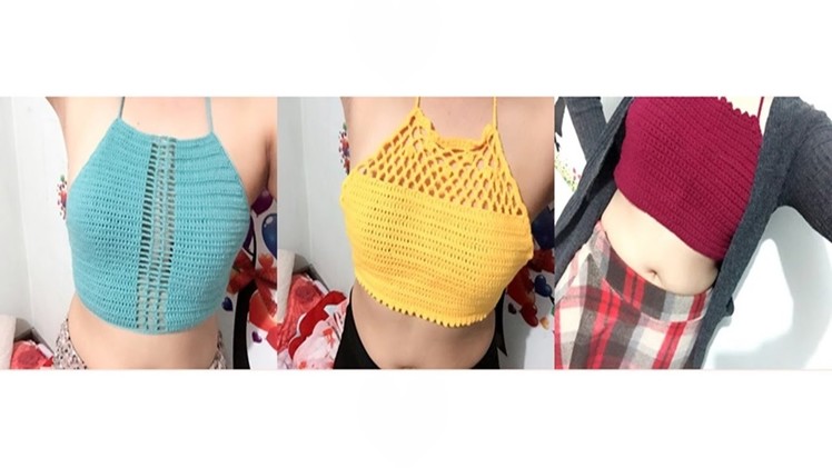 DIY crochet halter crop top - Festival Boho Crochet Fringe Crop Top.ถักโครเชต์บิกินี่แบบง่ายๆ