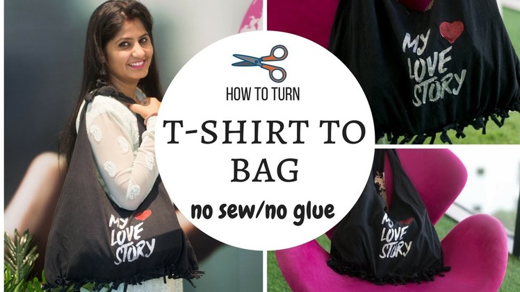 T-shirt to bag diy no sew no glue project | Turn old tshirt into tote bags | 10 minute craft idea