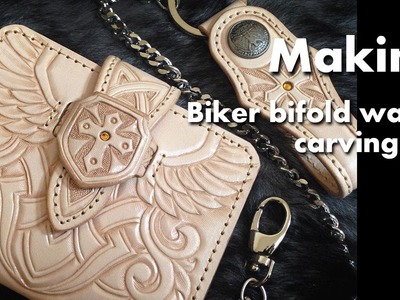 Shield cross men's bifold wallet handmade leather carving
