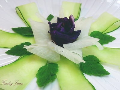 Art In Vegetable Rose Design Garnish - How To Make Cucumber, Radish & Cabbage Flower
