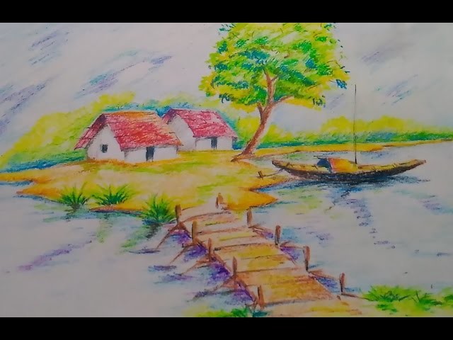 How to draw a beautiful scenery for kids.Easy drawing tutorial