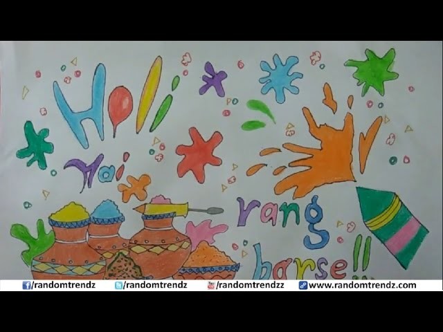 How to draw happy holi poster, holi card for kids