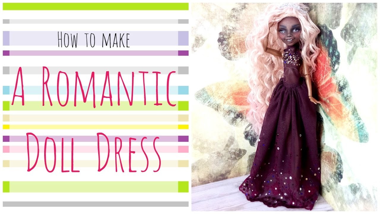 How to make a doll dress - Long Romantic Purple Dress for Monster High. Lace Rhinestones dress