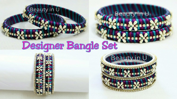 How to make Simple Designer Silk Thread Bangle Set Using Pearl Beads at Home | Tutorial