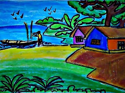 Draw a simple village scene how to | easy drawing video tutorial for kids