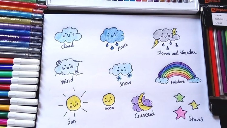 How to draw cloud rainbow sun moon for kids