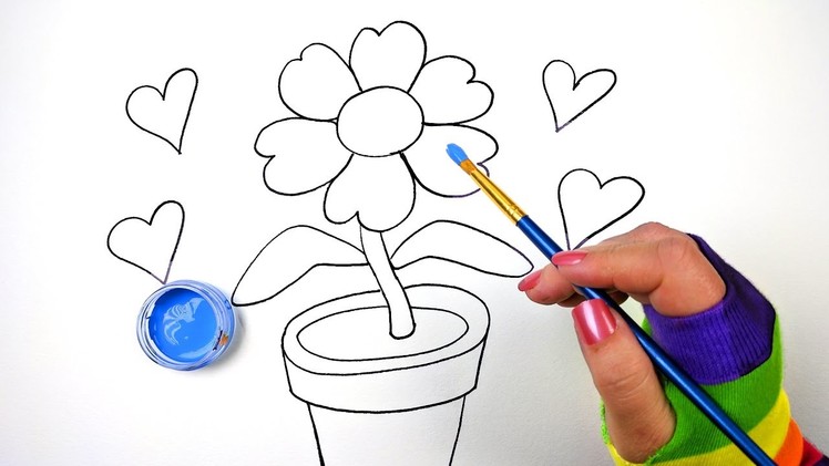 How to Draw Color and Paint Flower Pot Coloring Page for Kids to Learn Coloring step by step drawing