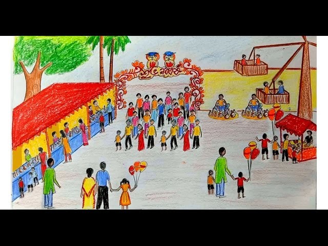 How to draw scenery of Pohela Boishakh. village fair step by step