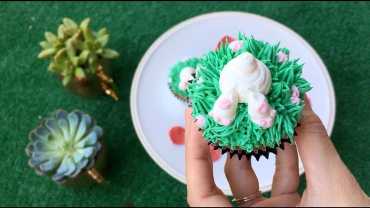 How to Make Cupcakes: Cute Easter Bunny Butt With Grass and Flowers