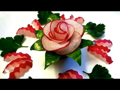 HOW TO MAKE RADISH ROSE FLOWER - CUCUMBER GARNISH DESIGN & VEGETABLE CARVING - ART IN RADISH CUTTING