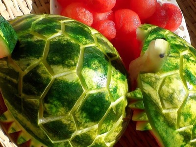 How To Make Watermelon Turtles - Fruit Carving Garnish - Sushi Garnish - Food Art Decoration