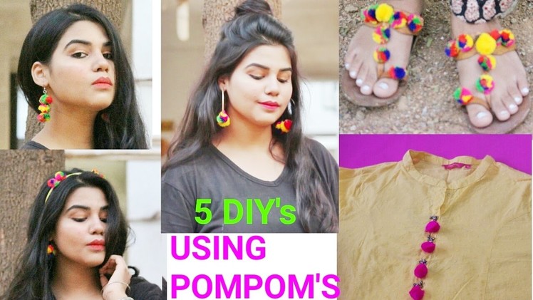 5 CUTE DIY'S USING POMPOM'S||Earings,hairband,chappals,kurti||RASHMI BAIRAGI