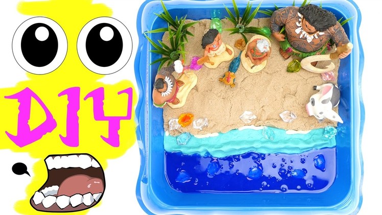 Moana Shiny Beach DIY with Play-Doh Kinetic Sand Slime & Gems. Disney Moana Maui Pua Beach Scene!