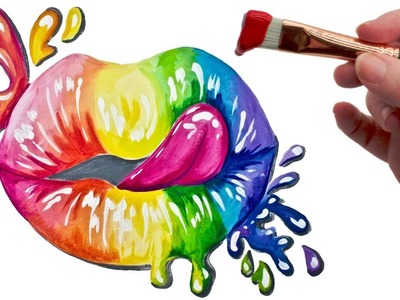 Beginners Splatter Rainbow Realistic  Lips  Acrylic Painting on Canvas