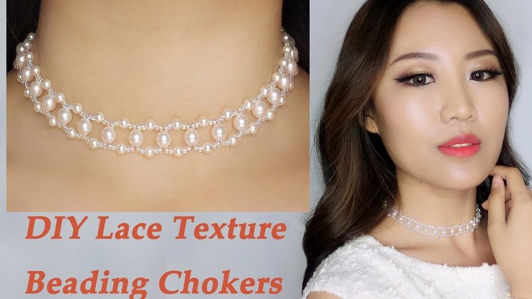 Easy DIY Pearl and Crystal Beading Choker Necklace with Lace Texture. DIY Handmade Jewelry Tutorial
