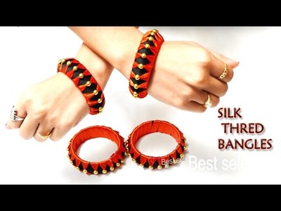 Makeing silk thread bangles with gold beads & satin ribben at Home | Silk Thread Bangle Tutorial
