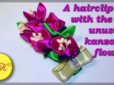 A hairclip with the unusual kanzashi flowers, DIY, tutorial