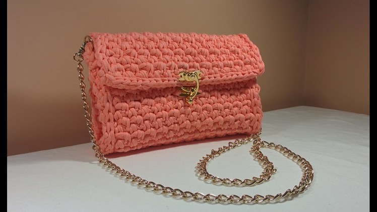 Easy DIY Crochet Stylish Chain Bag. Purse. Envelope Handbag made with T-Shirt Yarn