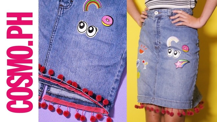 DIY Patch Denim Skirt With Pom-Pom Hem