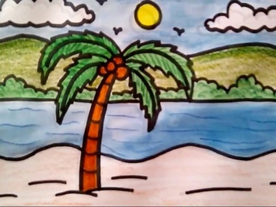 How to draw coconut tree beach scenery drawing for kids