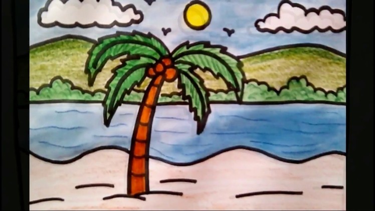How to draw coconut tree beach scenery drawing for kids