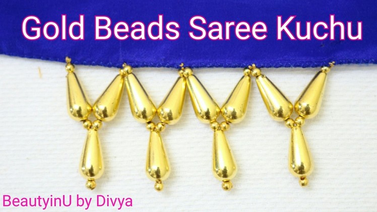 How to make Simple & Easy Saree Kuchu Design using GOLD BEADS at Home. DIY. Tutorial