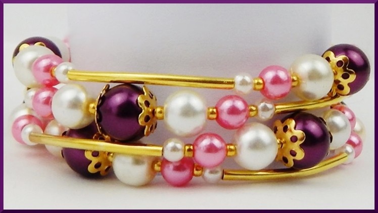 DIY | Draht Perlenarmband | Schmuck basteln | Beaded memory wire bracelet with pearls