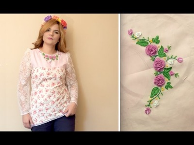 Brazilian Embroidery on Neckline.Do  Cast on stitch by hand. 3D Rose flower.